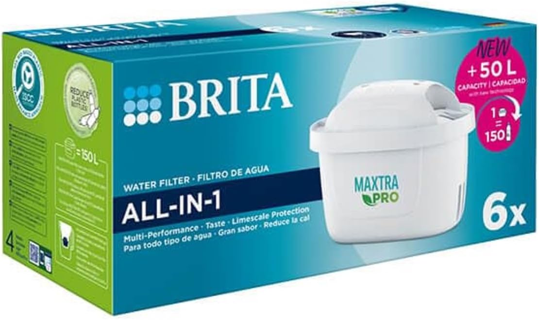 BRITA MAXTRA PRO All-in-1 Water Filter Cartridge 6 Pack (NEW) - Original BRITA refill reducing impurities, chlorine, PFAS, pesticides and limescale for tap water with better taste