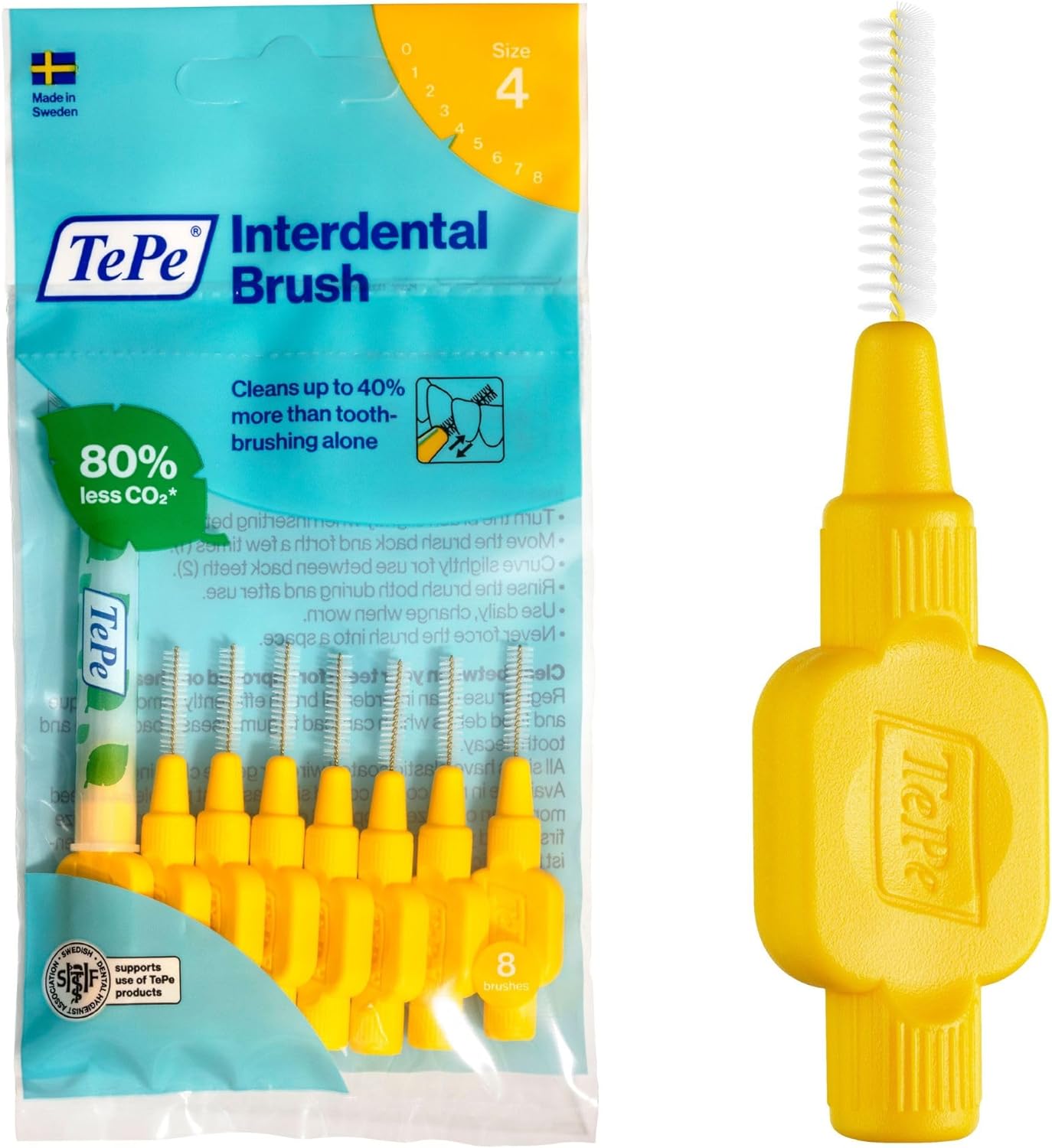 TePe Interdental Brush, Original, Yellow, 0.7 mm/ISO 4, 8pcs, plaque removal, efficient clean between the teeth, tooth floss, for narrow gaps