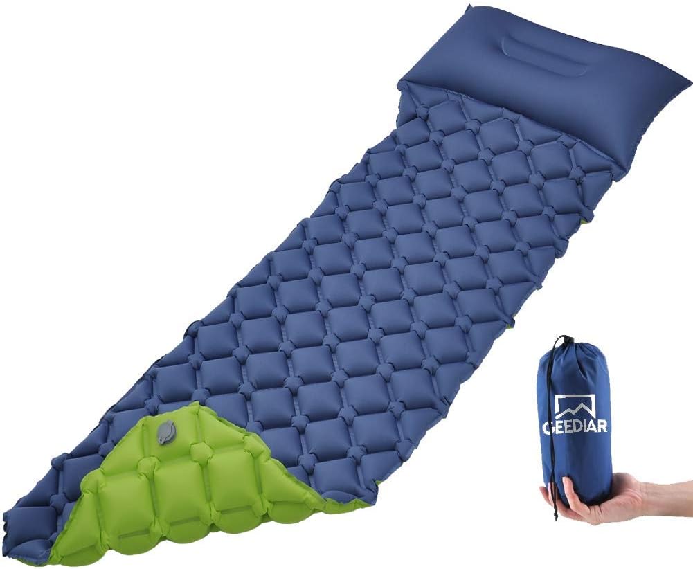 GEEDIAR Inflatable Sleeping Mat Ultralight Camping Mattress with Pillow, Waterproof Double-Sided Color Sleeping Pad, Folding Inflating Single Bed Portable Air Pad for Trekking Backpacking (Blue+Green)