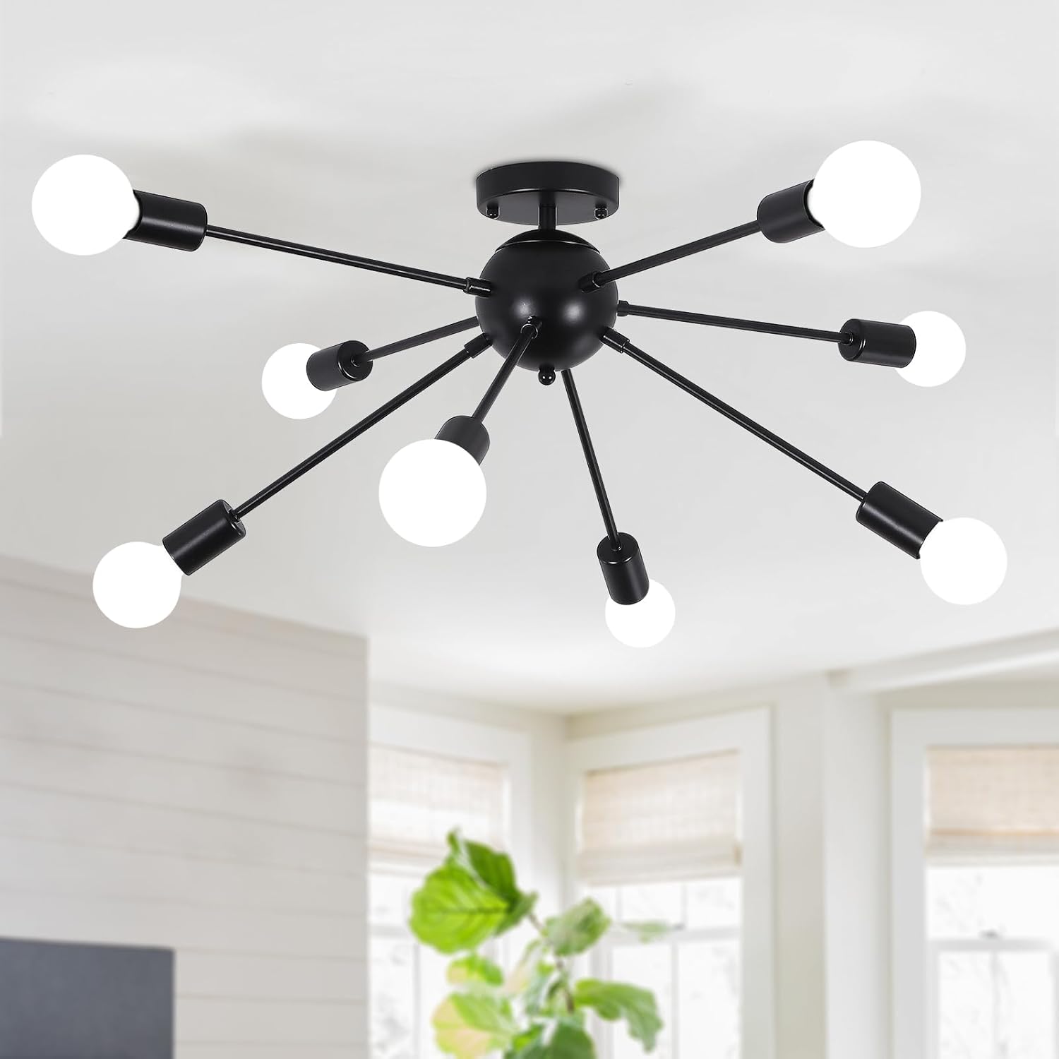 ASHUAQI Black Ceiling Light for Living Room, 8 Light Modern Sputnik Ceiling Light E27 Sockets Industrial Semi Flush Mount Chandeliers Ceiling Light for Kitchen, Bedroom, Hallway Roll over image to zoom in ASHUAQI Black Ceiling Light for Living Room, 8 Lig