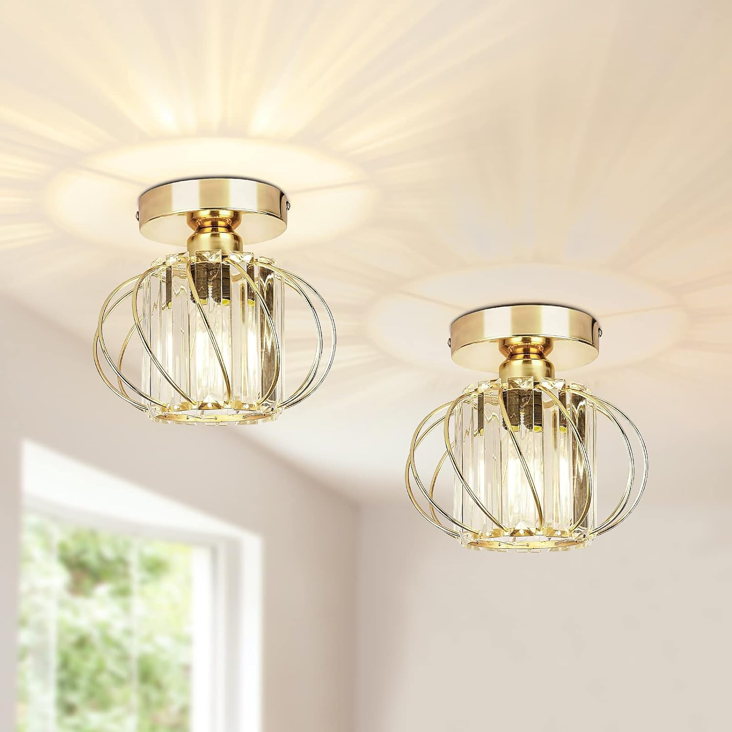 FRIDEKO HOME Modern Crystal Ceiling Light Fixture- Industrial 2 Pack Mini Semi Flush Mount Ceiling Lighting LED Crystal Chandeliers Fitting for Kitchen Hallway Dining Rooms Living Room - Gold