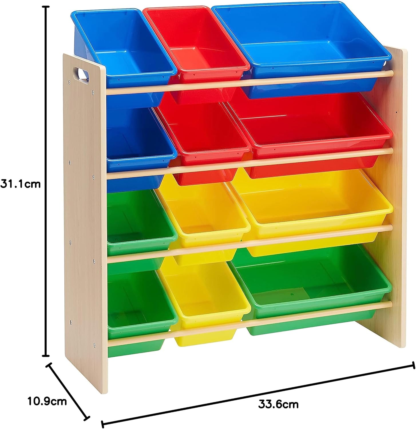 Amazon Basics Kids’ Toy Storage Organiser with 12 Plastic Bins, Natural Wood with Bright Bins, 27.7 D x 85.3 W x 79 H cm