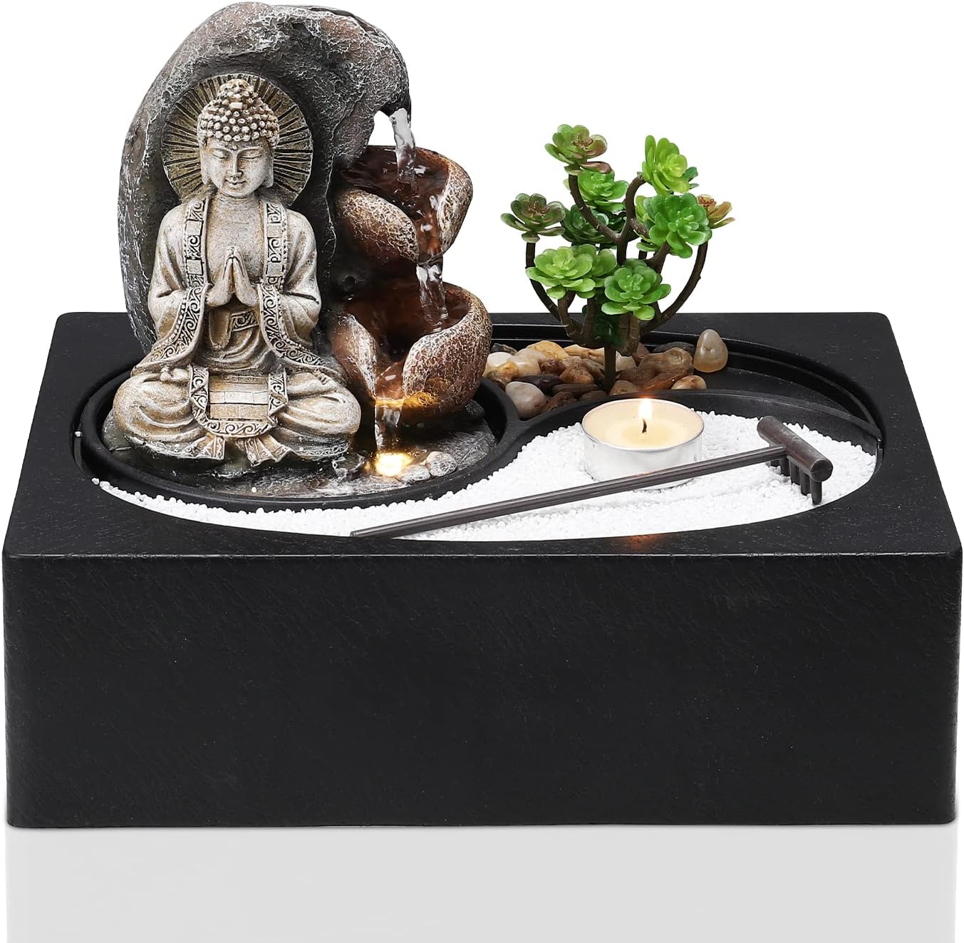 BTGGG Indoor Fountain Buddha with LED Light Candle Indoor Water Features 29 * 21 * 22CM Desktop Fengshui Meditation Zen Fountain for Relaxing Indoor Decoration, 3 Pin UK Plug Included