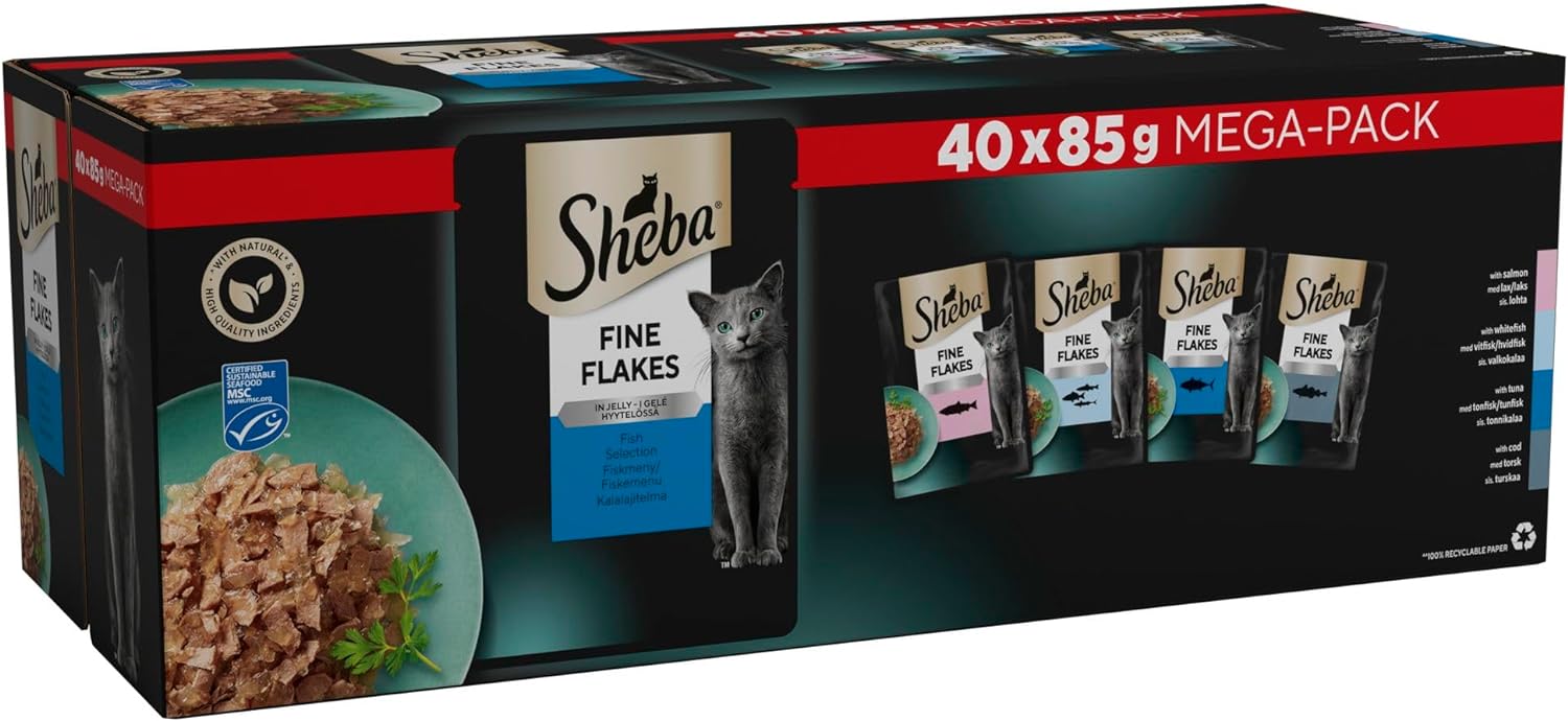 Sheba Fine Flakes in Jelly – Fish Collection – Wet Cat Food Pouches for Adult Cats – 85 g (Pack of 40) 