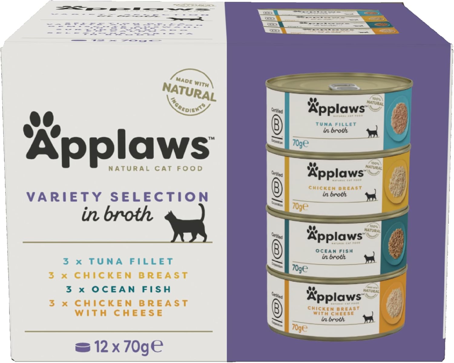 Applaws Natural Wet Cat Food, Multipack Chicken and Fish Selection in Broth 70 g Tin (Pack of 12) 