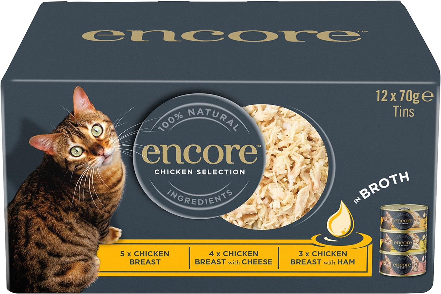 Encore 100% Natural Wet Cat Food, Multipack Chicken Selection in Broth (Pack of 12 x 70g Tins) 