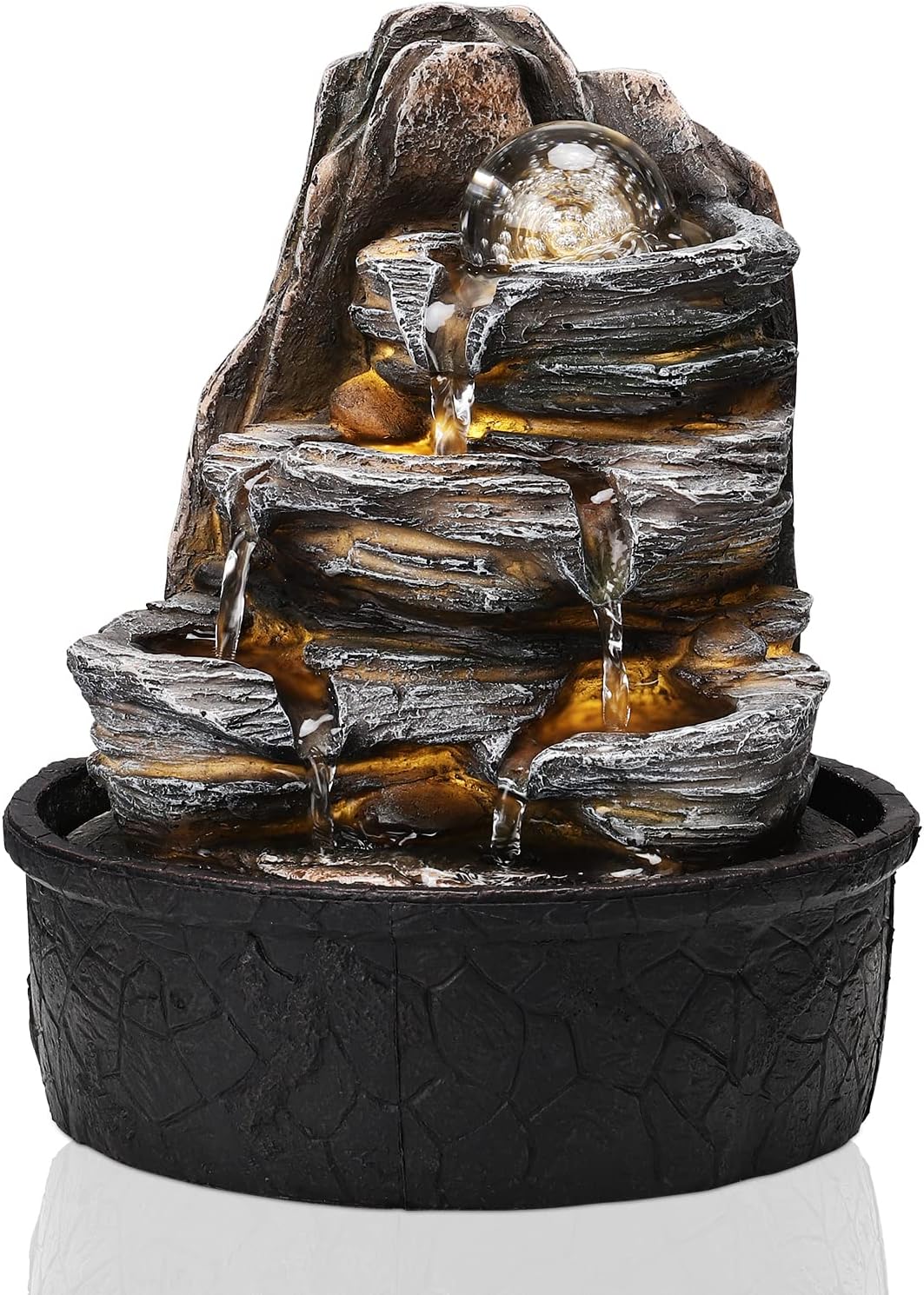 BTGGG Indoor Fountain with Rolling Ball LED Light Indoor Water Features 20.5 * 20.5 * 25CM Desktop Waterfall Fountain for Relaxation, 3 Pin UK Plug Included 