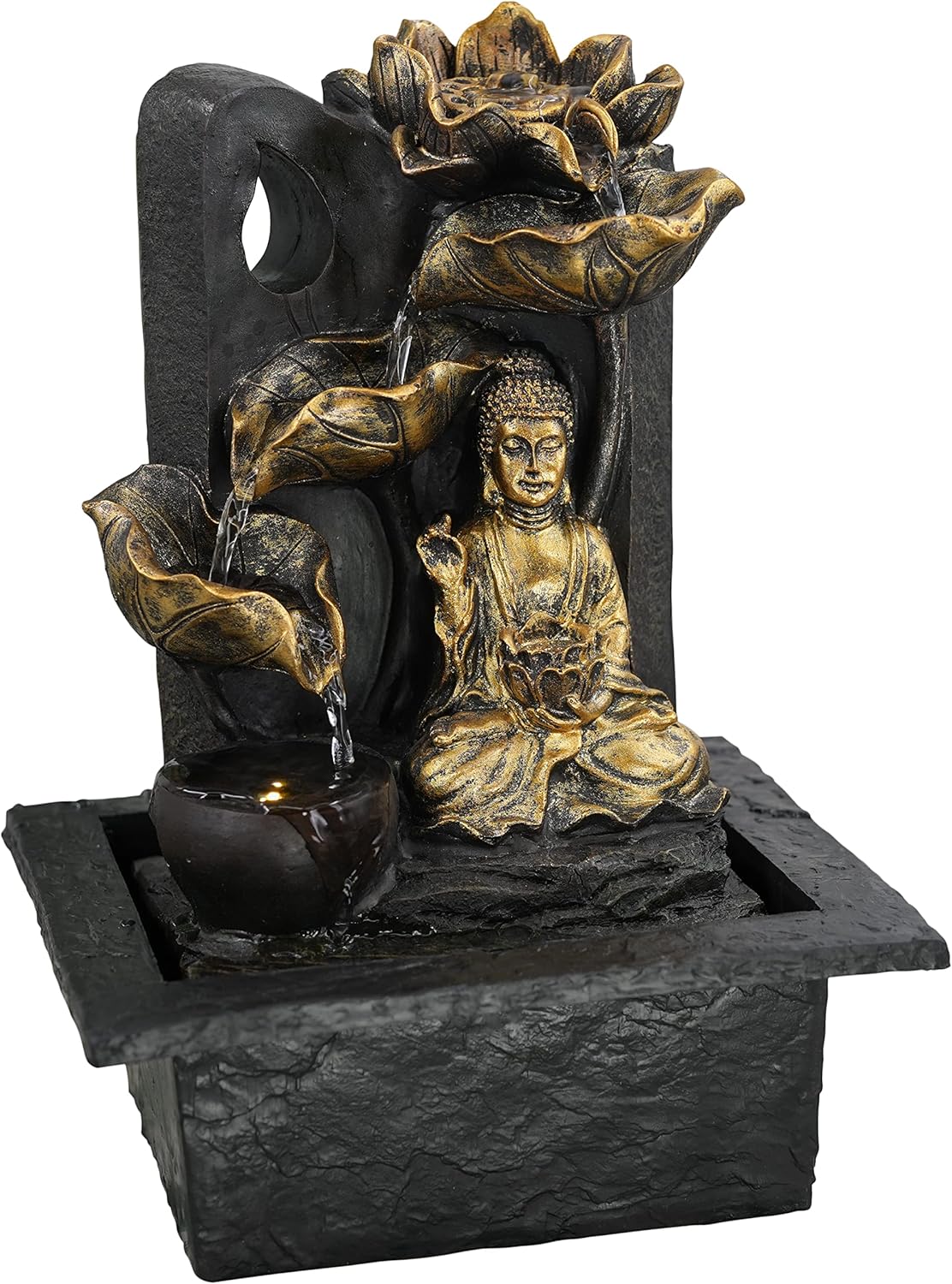 Indoor Tabletop Fountain Water Feature LED Lights Polyresin Statues Home Decoration (Buddha Fountain) 